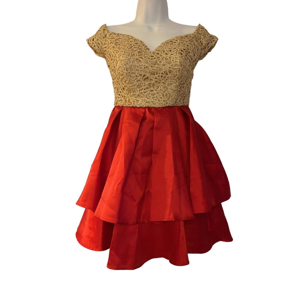 B Darlin Satin & Lace Gold Sparkle Red Pleated Cocktail Formal Party Short Dress